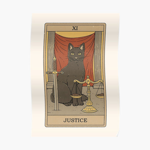 Cat Tarot Tapestry, Justice. 39"x27" Grey Cat Fabric Wall Hanging