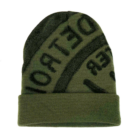 Manhole Cover Beanie, Spirit of Detroit - black on olive drab