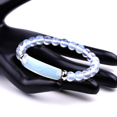 Opalite Stretch Bracelet. Mineralized Glass Beaded Mala Bracelet with Elongated Bead