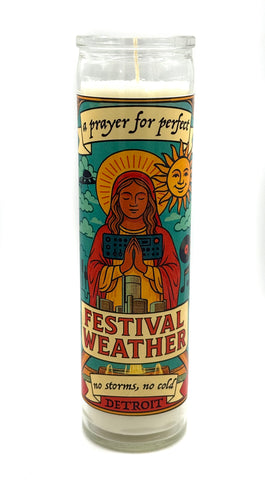 Perfect Festival Weather in Detroit Prayer Candle. 8' Saint Style Church Devotional Votive, by Well Done Goods. White wa, glass jar.