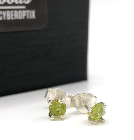 Peridot Earrings, Prong Setting. Tiny raw Arizona peridot sterling silver stud earrings