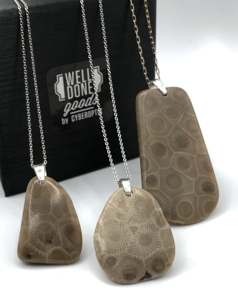 Petoskey Stone pendant in argentium silver wire, Wire-wrapped Great Lakes Stone, Michigan State buy 1 1/8