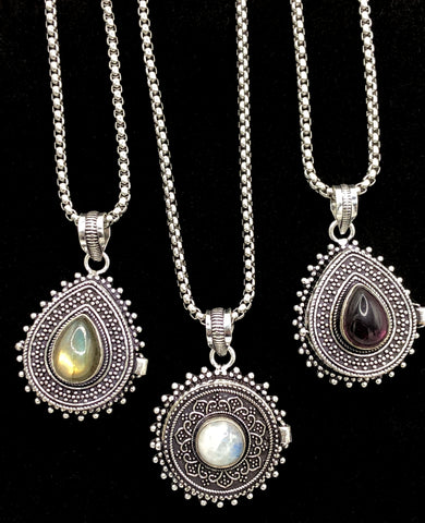 Assorted Gemstone Lockets; Poison Pendants, Silver Plated. Round or teardrop shape necklace