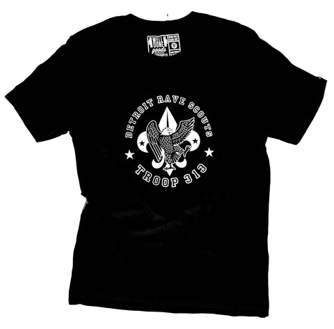 Detroit Rave Scouts, T-shirt. Troop 313 Scouting Logo Flip Black Unisex Tee