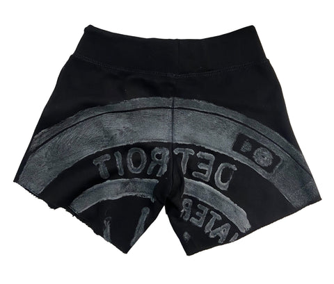 Manhole Cover Women's Raw Edge Shorts, Black - Spirit of Detroit Print