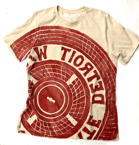Manhole Cover T-Shirt. Detroit Tire Print, Red on Cream