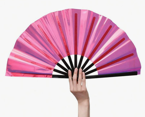 Iridescent PVC Clack Fans. Large holographic clacking fan, festival, party dance fan