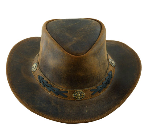 Waxed Brown Leather Cowboy Hat w/ Brass Conchos: "Sahara." Crazy Horse Leather Western Style Hat