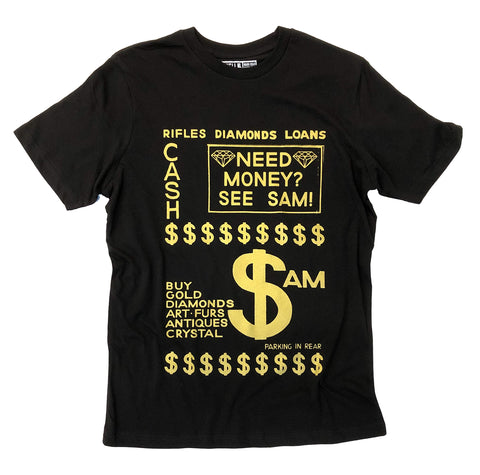 Sam's Loans Pawn Shop T-Shirt, Corktown Detroit. Metallic Gold on Black
