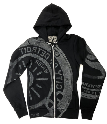Manhole Cover Print Zip Hoodie, Spirit of Detroit Unisex Hooded Sweatshirt - grey print on black