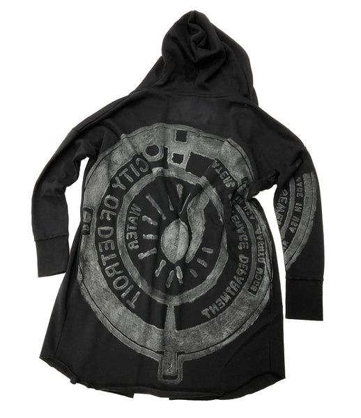 Spirit of Detroit Manhole Cover Long Line Hoodie, Black French