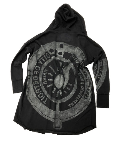 Spirit of Detroit Manhole Cover Long Line Hoodie, Black French Terry Hooded Cardigan Sweatshirt