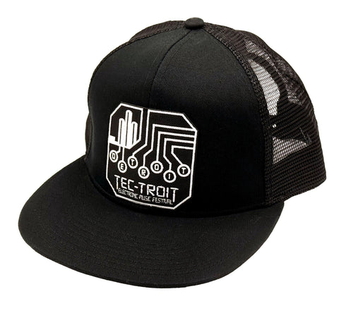 Black Flat Bill trucker cap with a white Tec-Troit logo and text on a white background