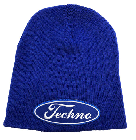 Techno Oval Beanie. Embroidered Patch Skullcap, Blue Brimless Beanie