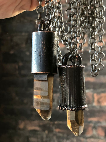 Natural African Smoky Citrine Crystal Pendant, Small Size. Oxidized Electroformed Copper