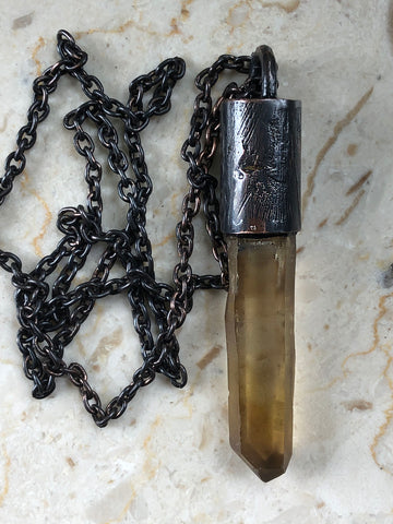 Natural African Smoky Citrine Crystal Pendant, Large Size. Oxidized Electroformed Copper