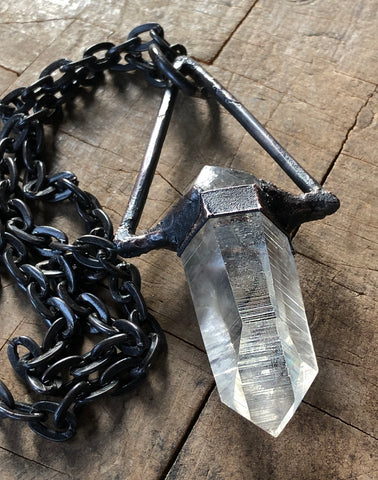 Clear Quartz Crystal Pendant, Oxidized Electroformed Triangle