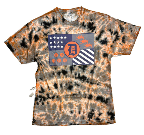 Detroit Baseball Flag T-Shirt, Navy Blue and Orange Tie Dye Over-Dyed Heavyweight Unisex Tee