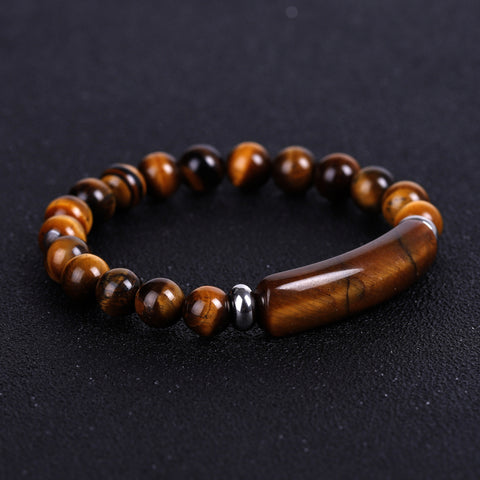Tiger Eye Stretch Bracelet. Natural Stone Beaded Mala Bracelet with Elongated Bead