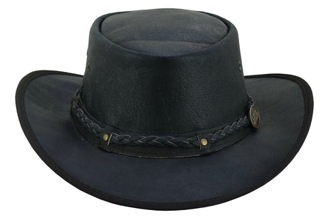 Packable, Crushable Black Leather Cowboy Hat: "Trekker." Outback Fold-Up Style Cowhide Minimalist Hat