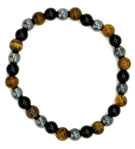 Beaded bracelet with black, brown, and gray beads on a white background