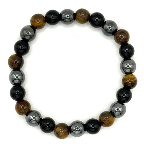 Beaded bracelet with black, brown, and gray stones on a white background