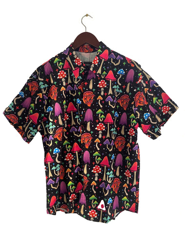 Trippy Mushroom Print Short Sleeve Button-up Shirt, Black