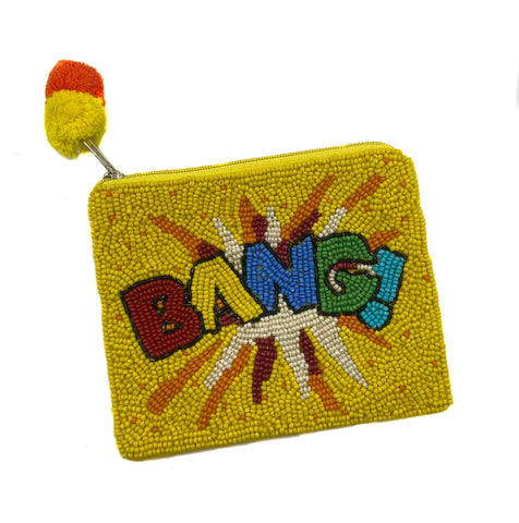 BANG! Beaded Coin Purse. Yellow Beaded Change Purse, Zipper Pouch