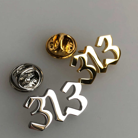 313, Detroit Area Code Lapel Pins, gold + silver. Old English Script