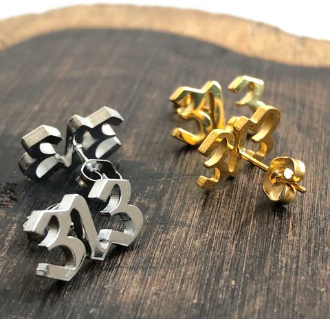 313 Earrings, Detroit Old English Script