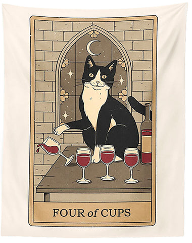 Cat Tarot Tapestry, The Four Of Cups. 39"x27" Tuxedo Cat Fabric Wall Hanging