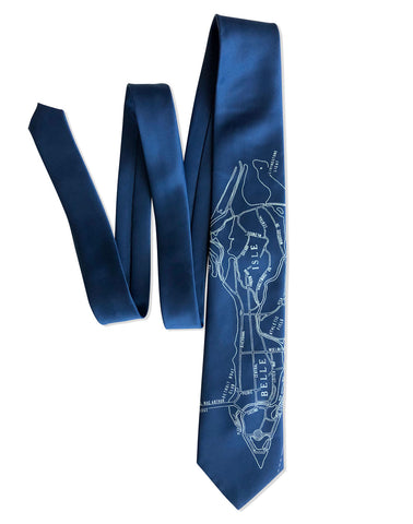Belle Isle Map Necktie, French Blue. Cyberoptix Detroit Print Tie. Well Done Goods