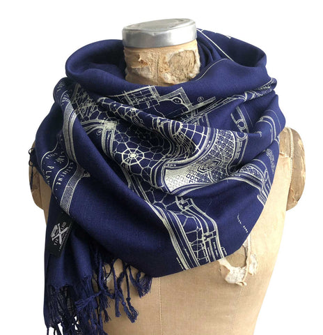 Capitol Theatre Detroit Blueprint Bamboo Scarf, Navy Blue. Michigan Opera Theatre Pashmina by Cyberoptix