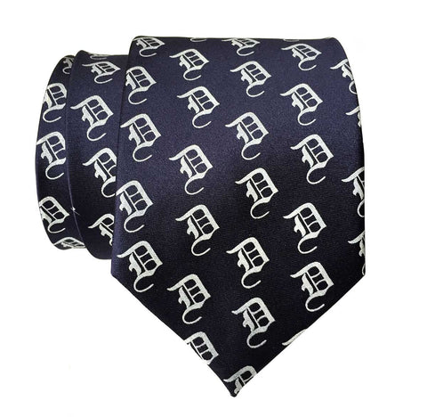 D Dot, Old English Detroit D Pattern Printed Necktie, Navy Blue. By Cyberoptix