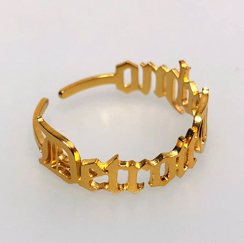 Detroit Techno Adjustable Gold Ring, Old English Script