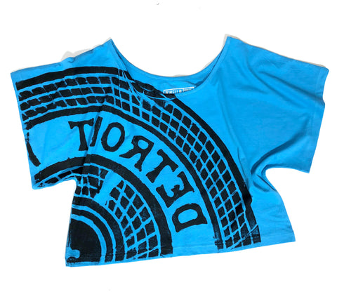 Manhole Cover Women's Crop Top. Detroit Tire Print, Turquoise Blue