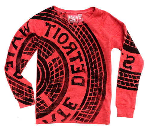 Manhole Cover Women's Pullover Wide Neck Sweatshirt, Detroit Tire Print. Burnout Coral