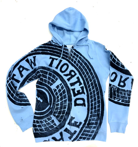 Manhole Cover Print Zip Hoodie, Detroit Tire. Sky Blue