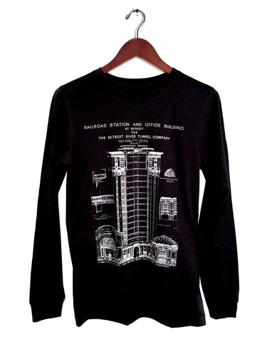 MCS Detroit Train Station Blueprint Long Sleeve Shirt, black. Well Done Goods