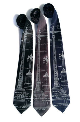 MCS Train Station Ironwork Neckties: Black, Charcoal, Navy. Detroit Blueprint Ties, Well Done Goods
