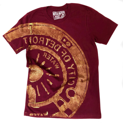 Manhole Cover Print T-Shirt, Spirit of Detroit. Gold on Burgundy
