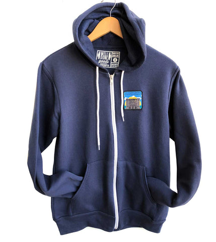 Michigan Central Station Patch Zip Hoodie, Navy Blue. Well Done Goods
