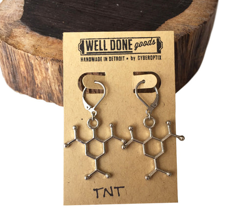 TNT, Trinitoluene Molecule Earrings, Silver. Well Done Goods