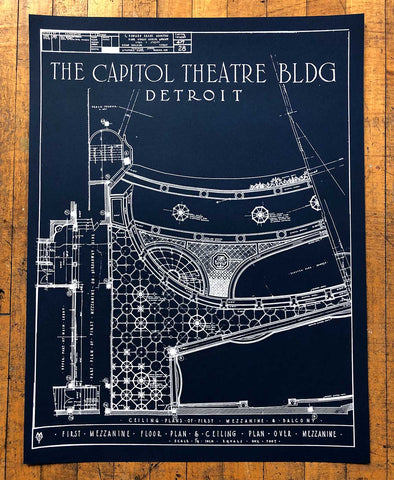 Capitol Theatre Detroit 1921 Blueprint Silkscreen Poster, Navy Blue