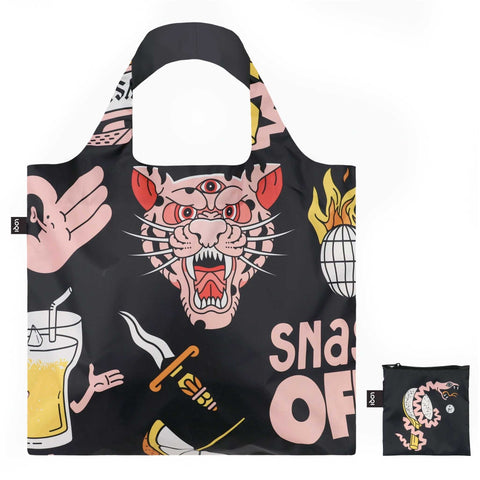 LOQI Artist Series Record-Size Tote Bag: SNASK Tiger Snake Beer, Black