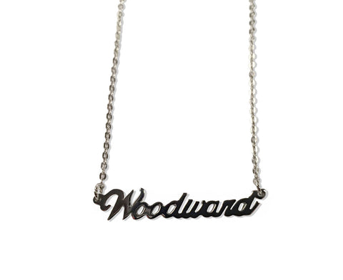 Silver Woodward Avenue Script Necklace. Detroit Neighborhood, well done goods by Cyberoptix