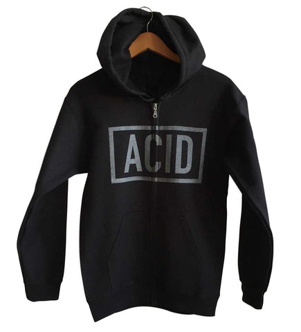 ACID Text Print Black Unisex Zip Up Hoodie, Well Done Goods