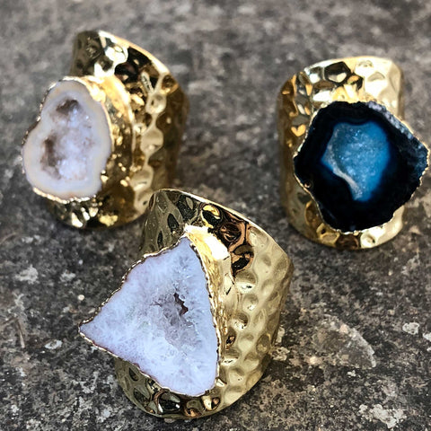 Agate Geode Adjustable Stone Rings, Hammered Gold