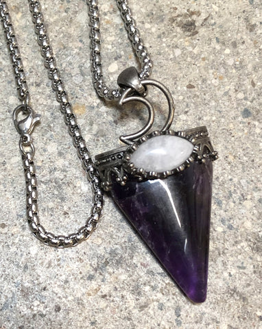 Amethyst Polished Gemstone Triangle Pendant Necklace, Crescent Moon