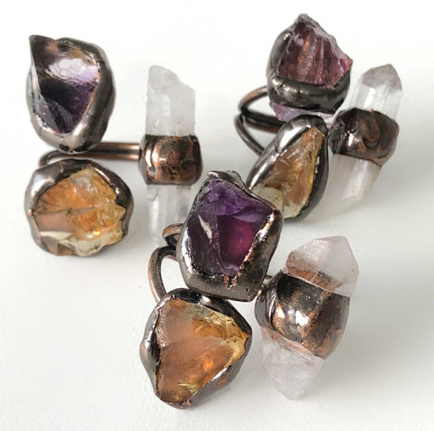 Triple Stone Ring: Amethyst, Citrine, Quartz Crystal - Copper